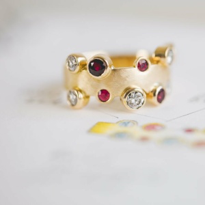 Recycled Ruby, Diamond and Yellow Gold Offset Ring