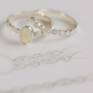 Engraved Silver and Opal Stacking Ring Set