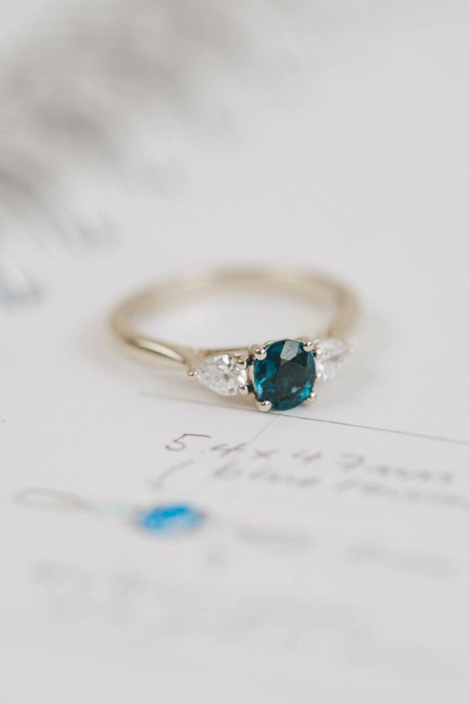 Water Inspired Blue Tourmaline and Diamond Trilogy Engagement Ring