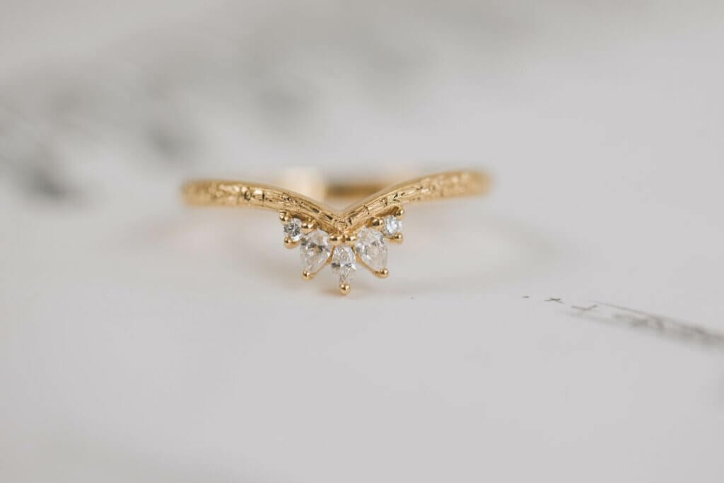 Engraved Wishbone Wedding Band with Claw Set Diamonds