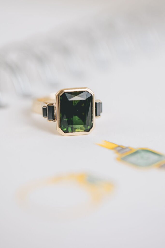 Tourmaline and Black Diamond Five Stone Ring