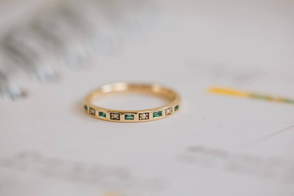 Emerald and Pearl Birthstone Eternity Ring