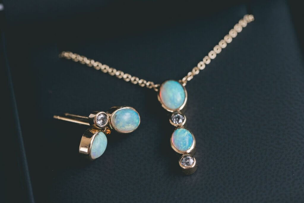 Opal and Diamond Earrings and Pendant Set