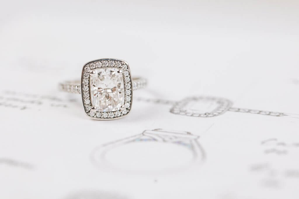 Elongated Cushion Cut Halo Engagement Ring with Button Back