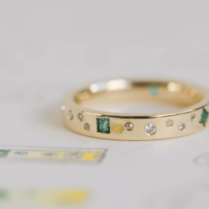 Recycled Gold Wedding Ring with Scatter set Emeralds and Diamonds