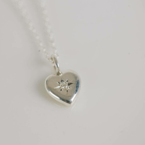 Puffed Heart Diamond Silver Pendant
