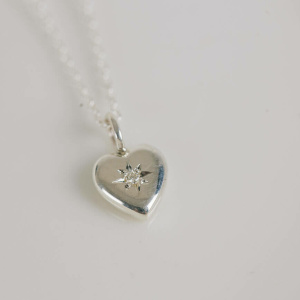 Puffed Heart Diamond Silver Pendant