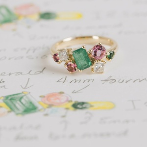 Asymmetric Green and Pink Combined Engagement and Wedding Ring
