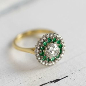 Diamond and Emerald Double Halo Engagement Ring