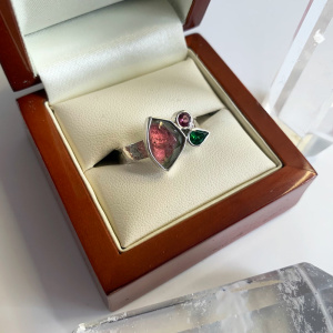 Watermelon Tourmaline, Tsavorite and Garnet Silver Dress Ring