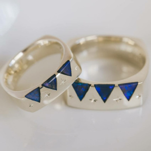 Inlaid 'Night Sky' Opal and Emerald Natural White Gold Square Wedding Rings