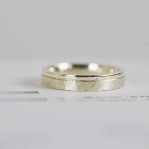Gents Offset Engraved Line and Hammered Wedding Ring